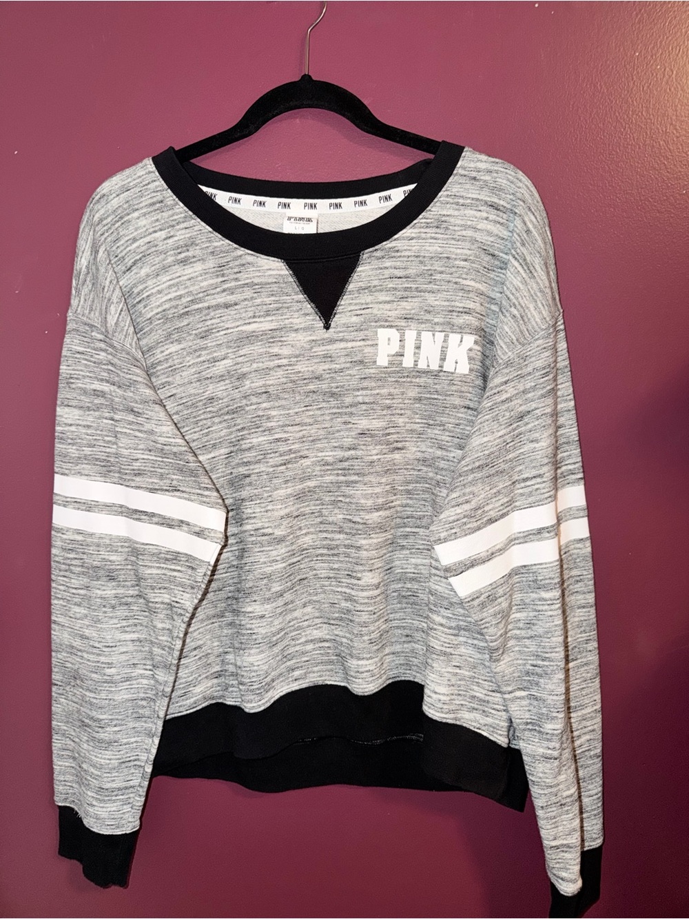 PINK Victoria's Secret Gray Marled Varsity Pullover with Black Trim size large